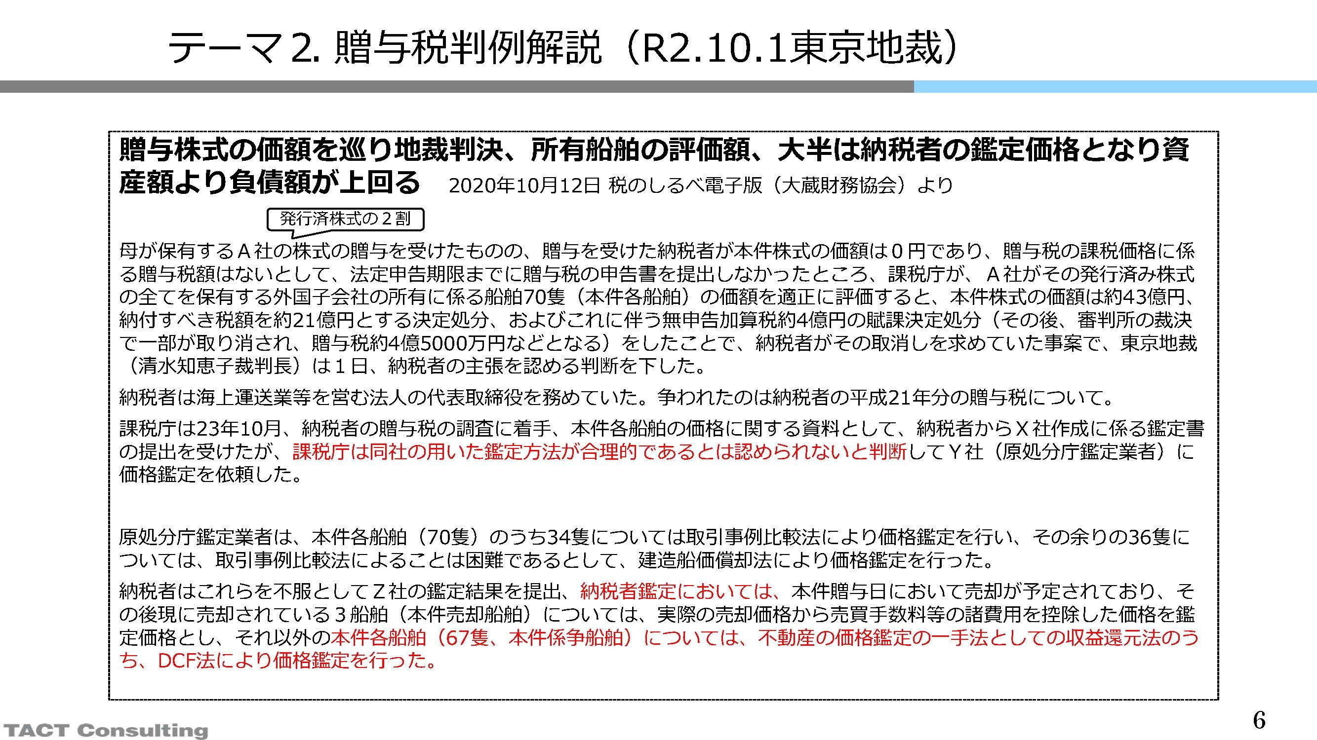 資産税の実務トピックス2021　②贈与税判例解説（R2.10.1東京地裁）